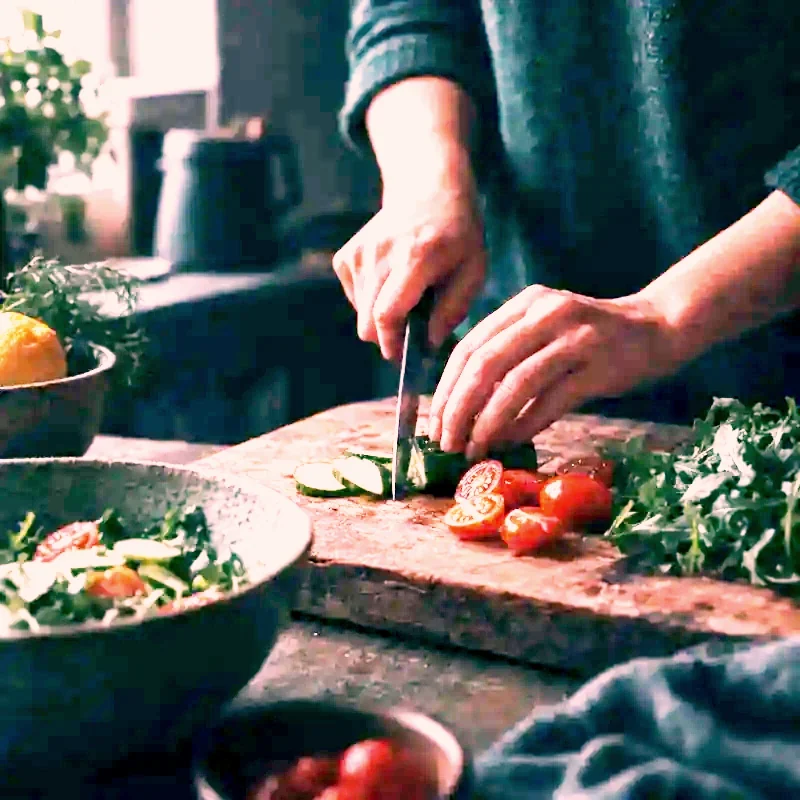 Hands cutting vegetables on a wooden board